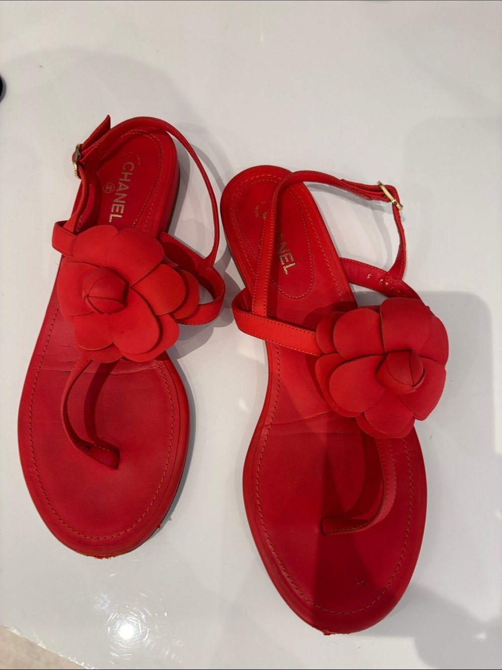 CHANEL Red Camellia Toe-Loop Sandals